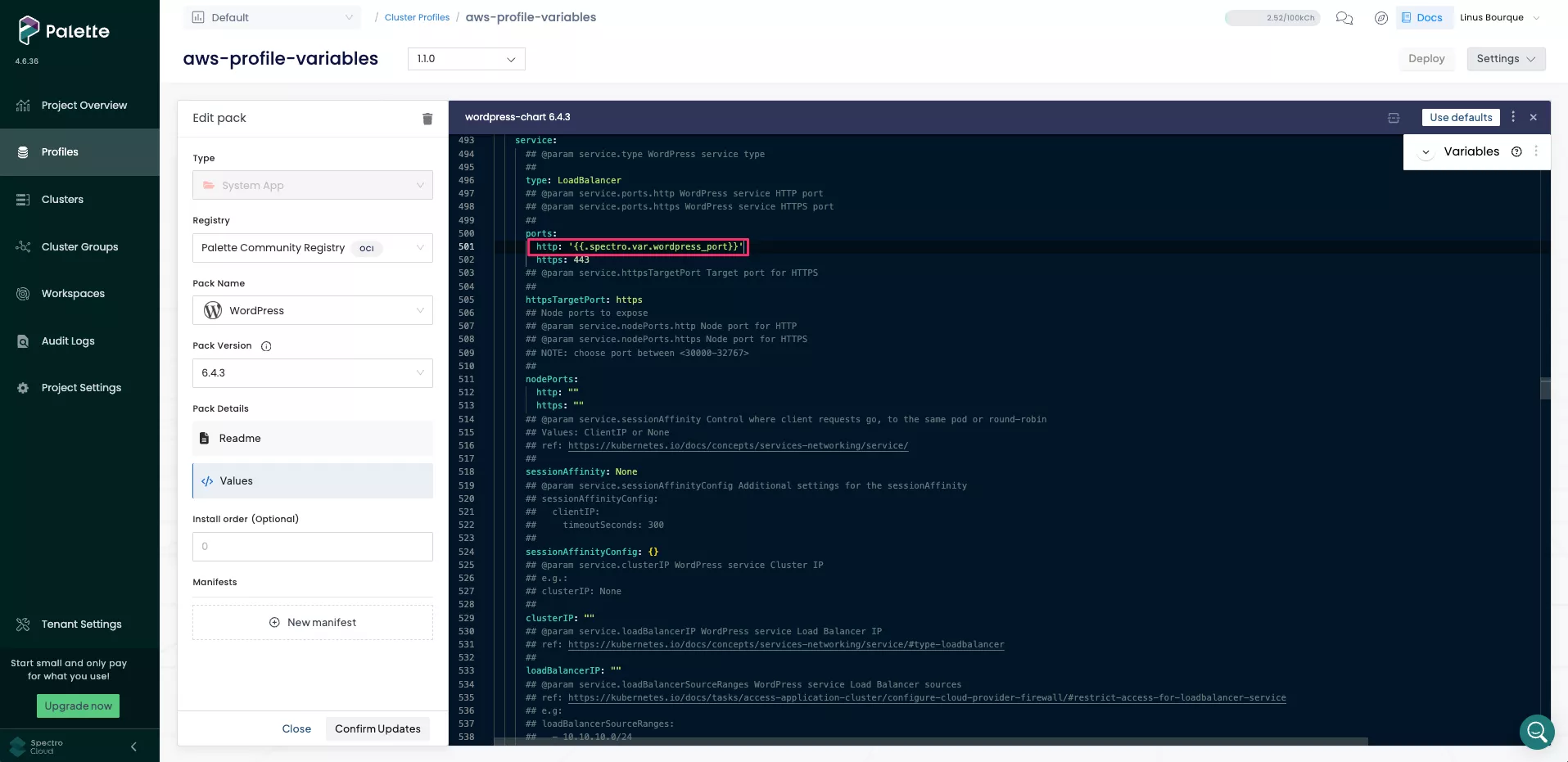 Image that shows WordPress variable for ports