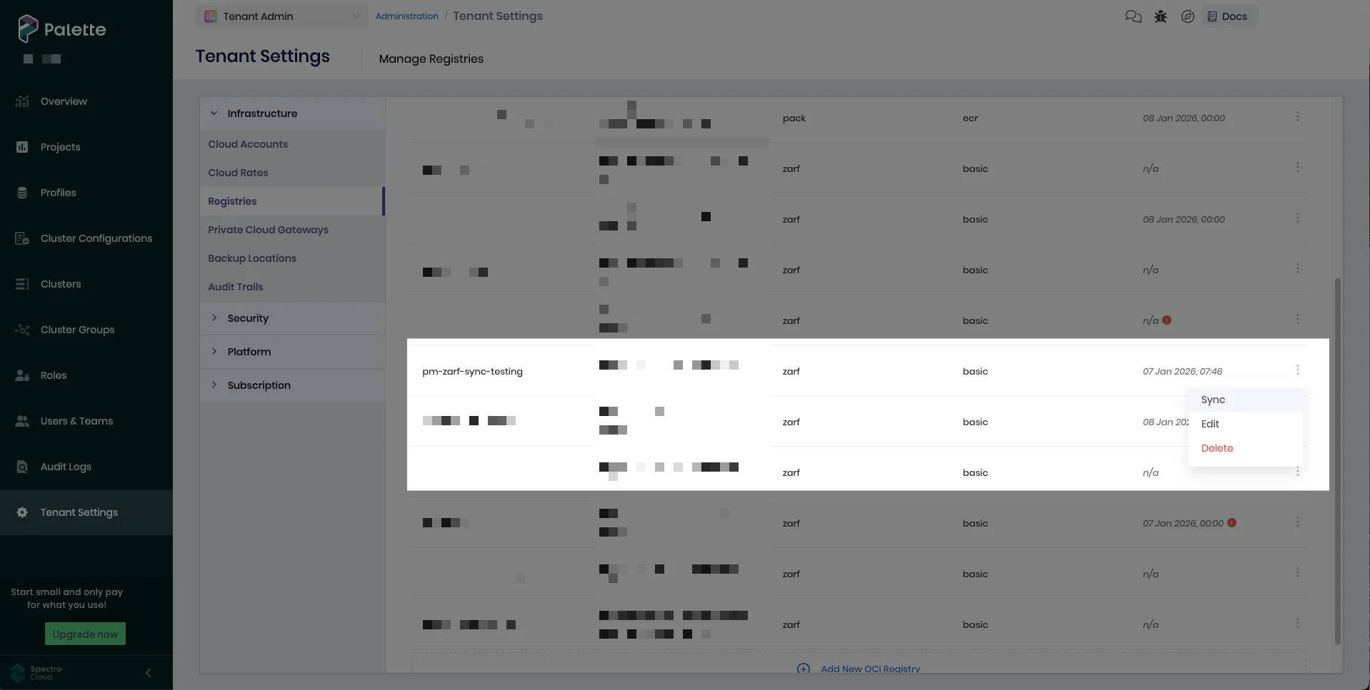 Sync OCI registry dropdown